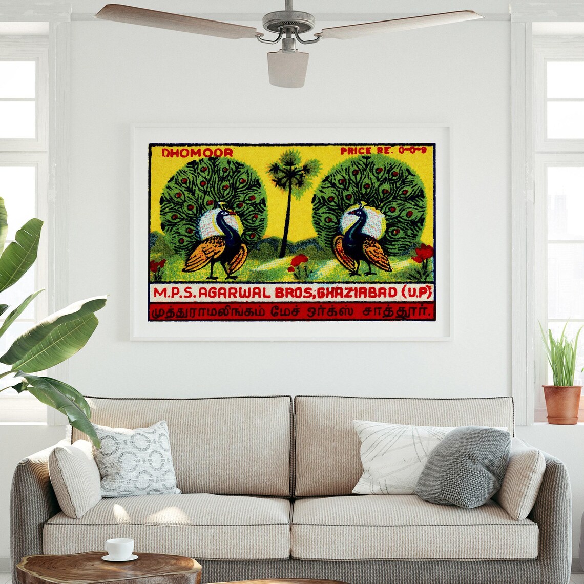 Dhomoor Twin Peacocks Fanned Tails Vintage India Match Label Poster - Image 3