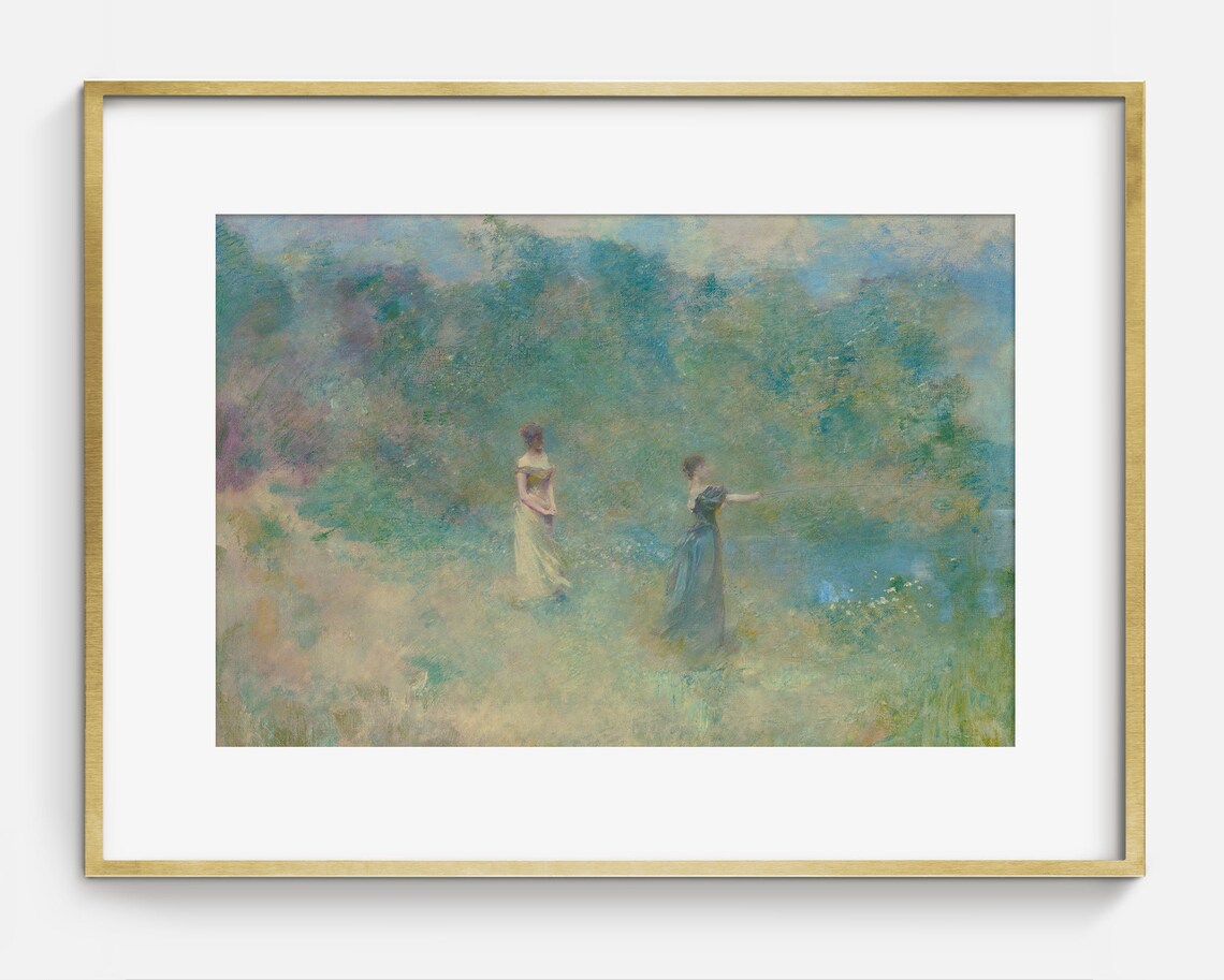 Women Fishing Dreamy Lake Impressionist Oil Painting Vintage Poster - Image 2