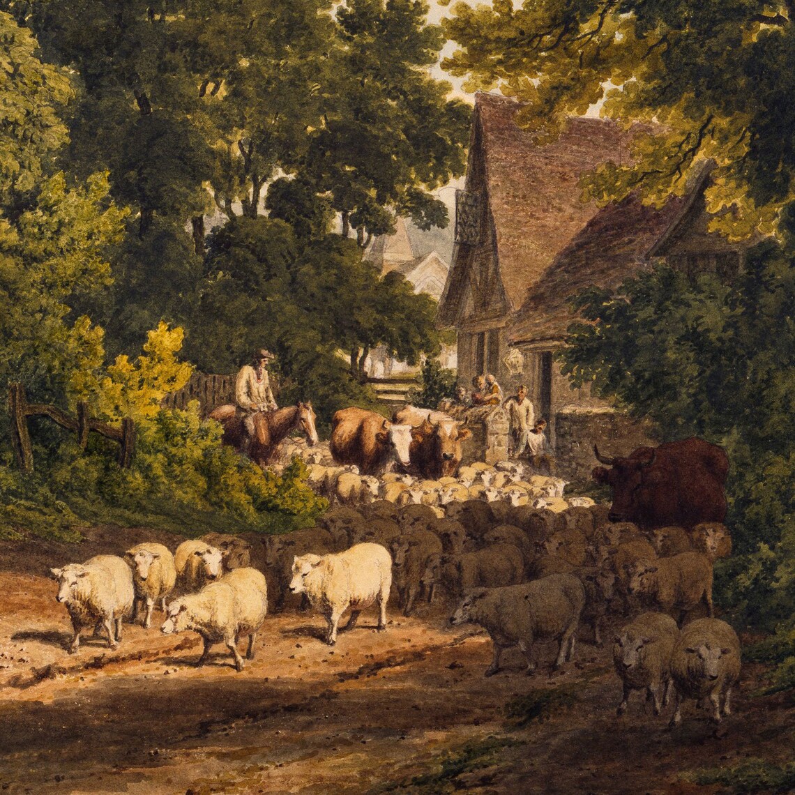 Sheep Landscape Vintage Oil Painting Art Print - Image 2