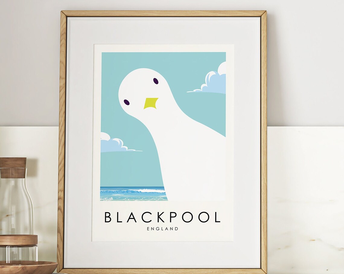 Blackpool England Cute Funny Seagull Beach Coastal Travel Poster
