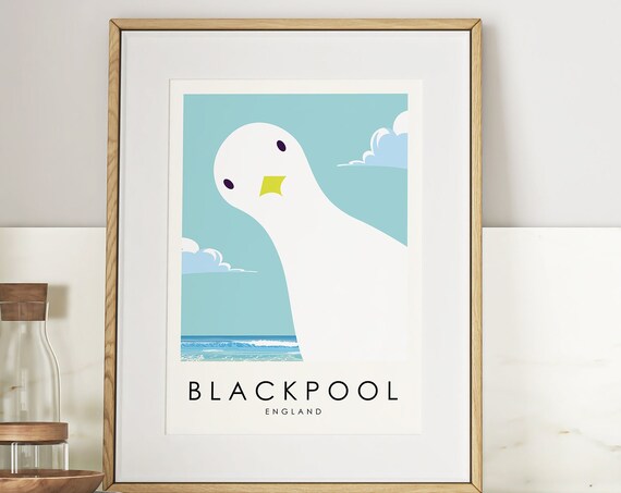 Blackpool England Cute Funny Seagull Beach Coastal Travel Poster