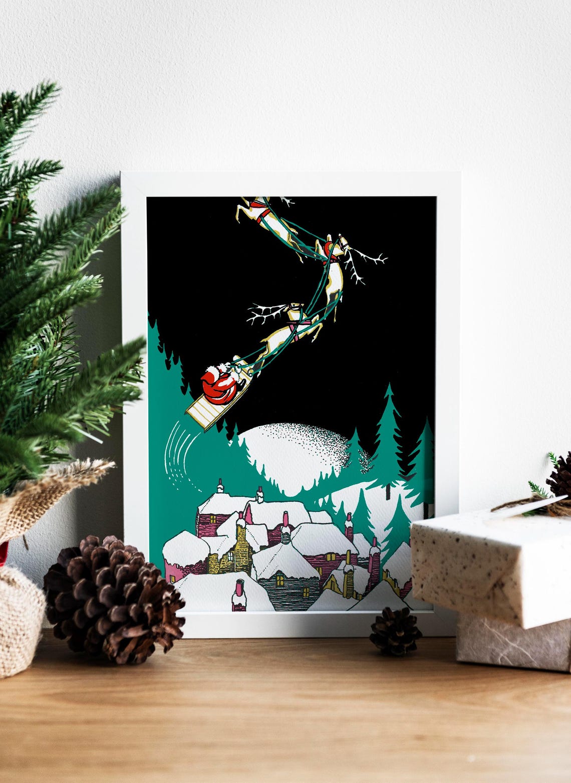Santa Claus Sleigh Night Flight Snowy Town Christmas Decor Poster - Image 3