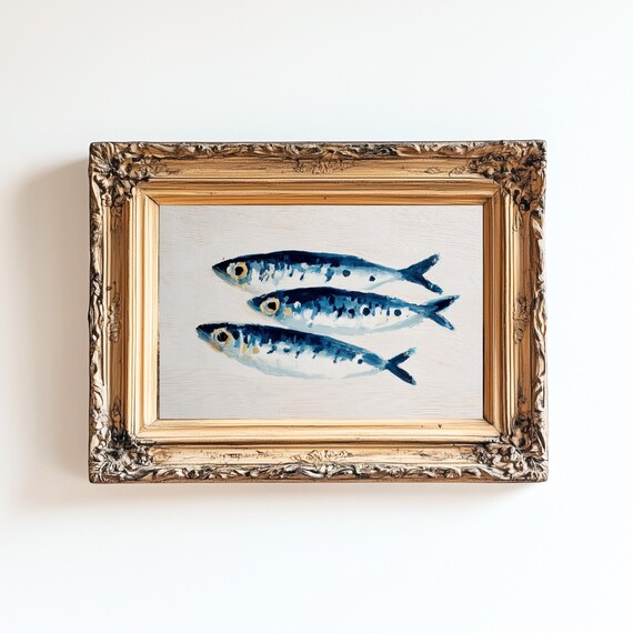 Sardines Navy Blue Coastal Kitchen Seafood Painting Art Print