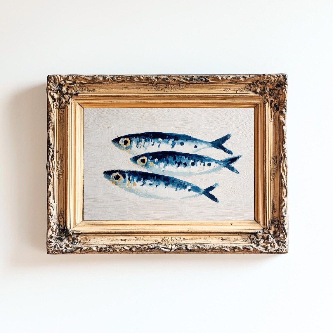 Sardines Navy Blue Coastal Kitchen Seafood Painting Art Print