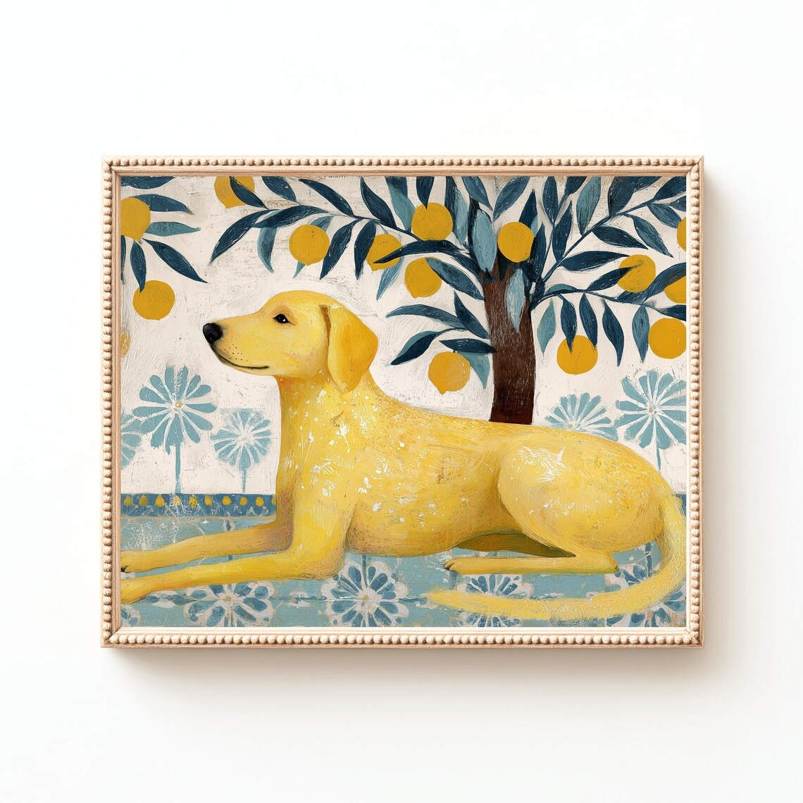 Yellow Labrador Dog Naive Folk Painting Under Lemon Tree Print
