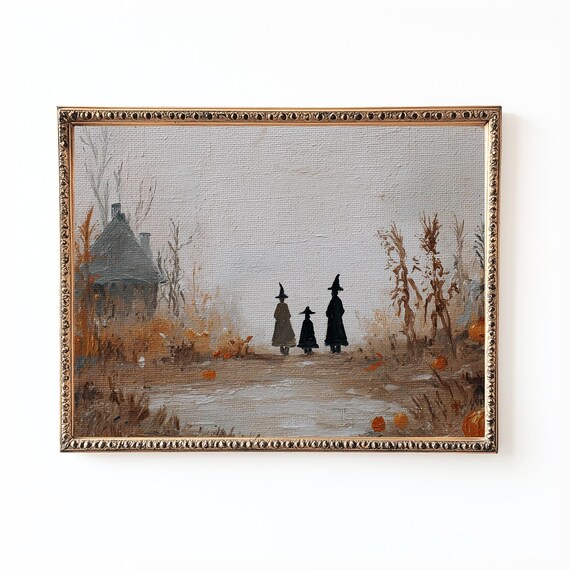Vintage Halloween Witches Print Spooky Autumn Landscape