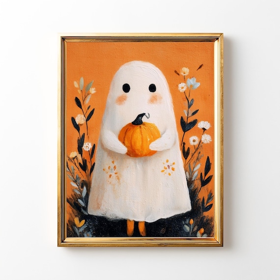 Wall Art Halloween Decor Print Vintage Painting Cute With Pumpkin Cozy Autumn