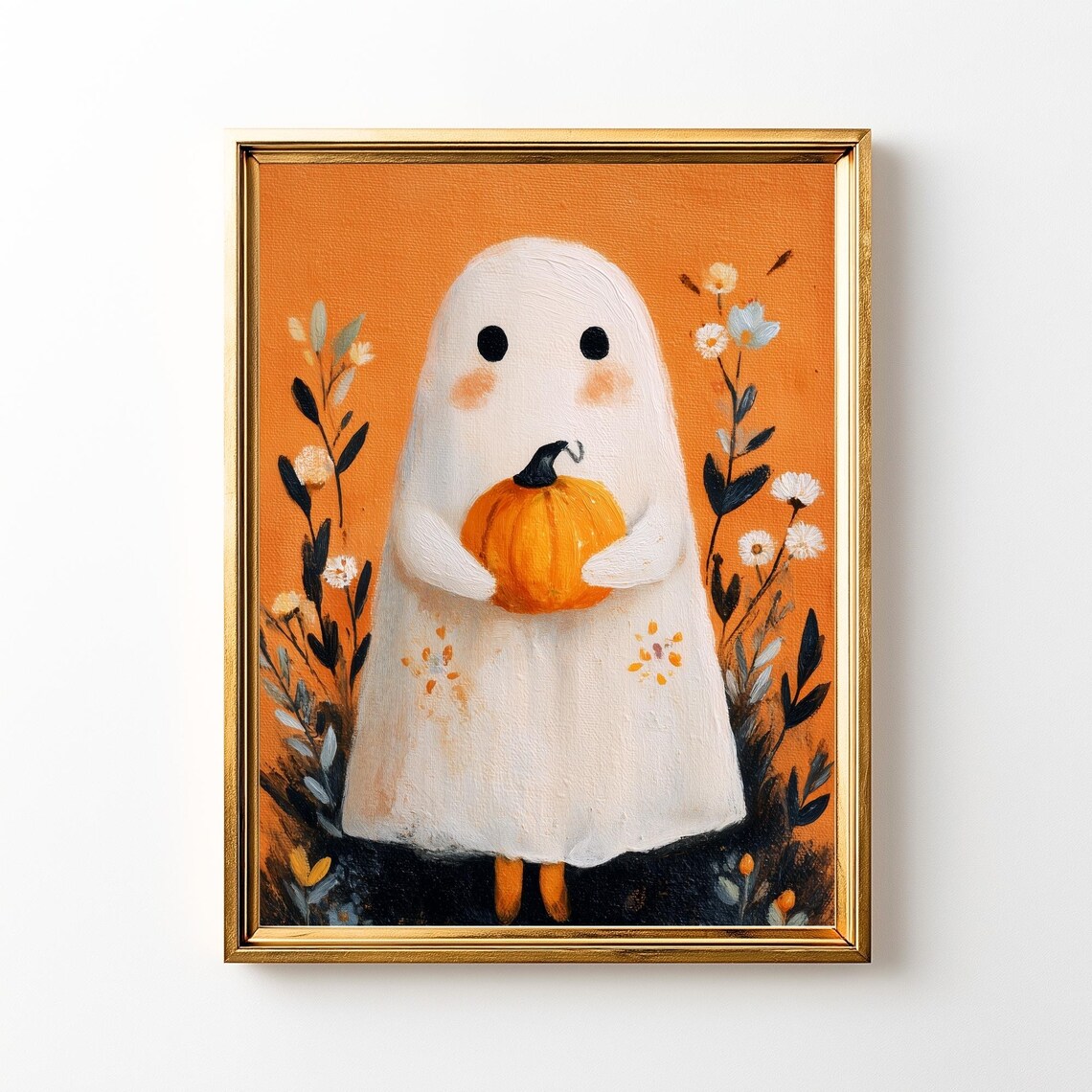 Cute Ghost Holding Pumpkin Orange Halloween Painting Style Art Poster