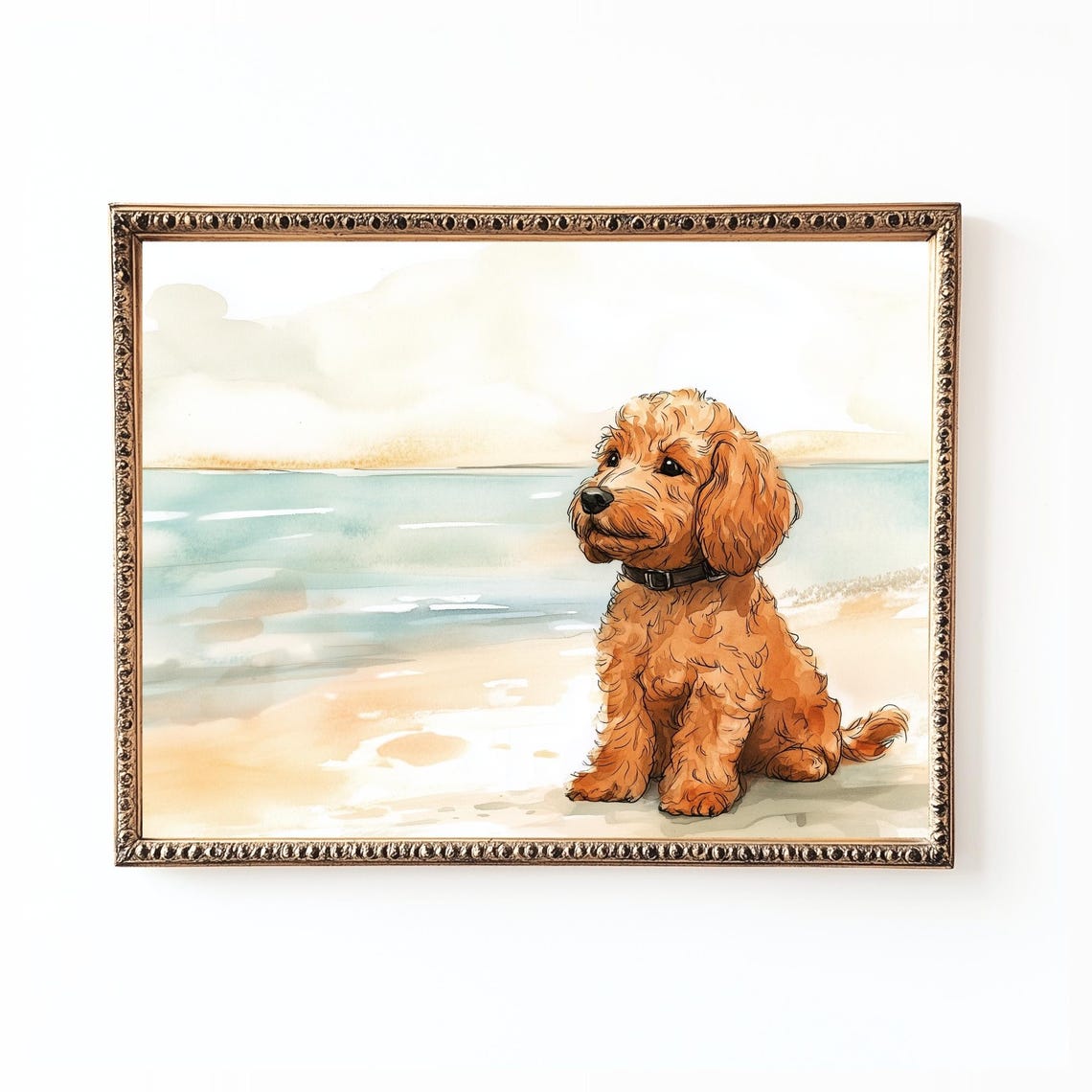 Sweet Apricot Cavapoo Puppy On The Beach Watercolor Coastal Poster