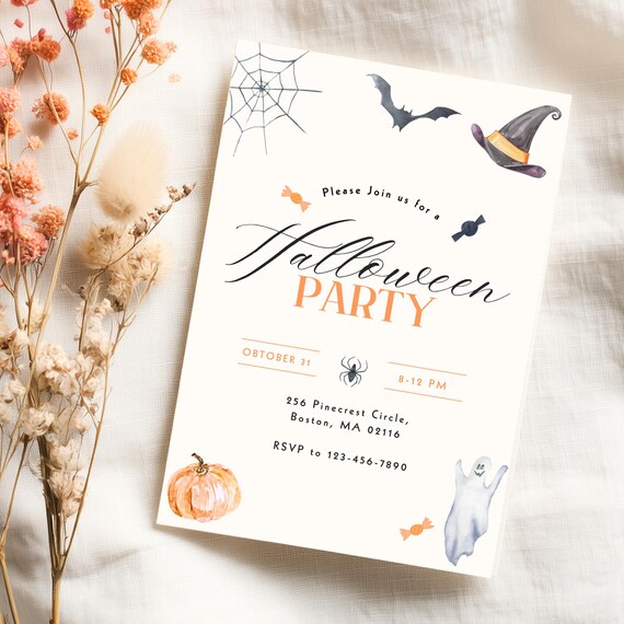 Minimalist Halloween Party Invitation Neutral Watercolor Design 5x7 Jpeg File