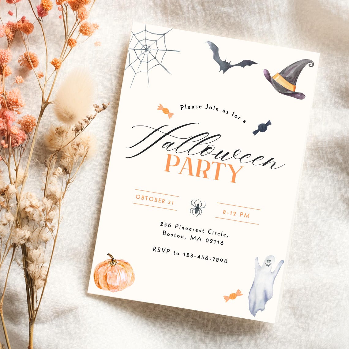 Watercolor Halloween Party Invitation October 31 Fall Event Poster