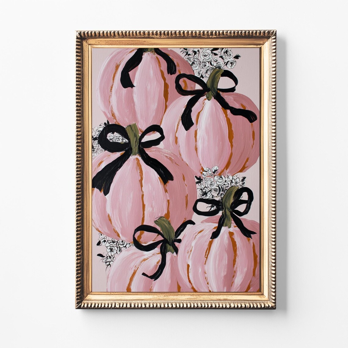 Pink Pumpkin Fall Floral Art Print, Thanksgiving Decor