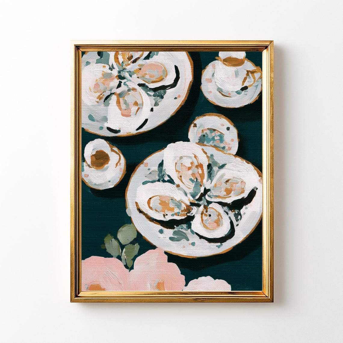 Oyster Still Life Overhead Painting Teal Coastal Kitchen Poster