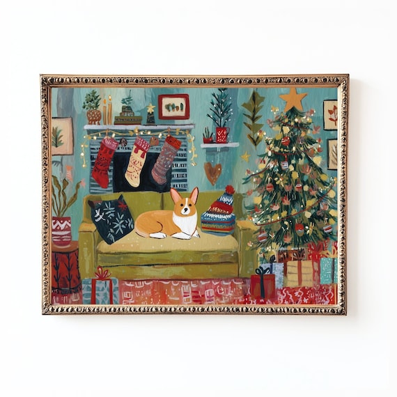 Corgi Christmas Living Room Art, Holiday Home Decor