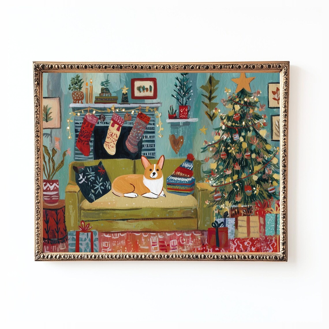 Corgi Christmas Living Room Art, Holiday Home Decor