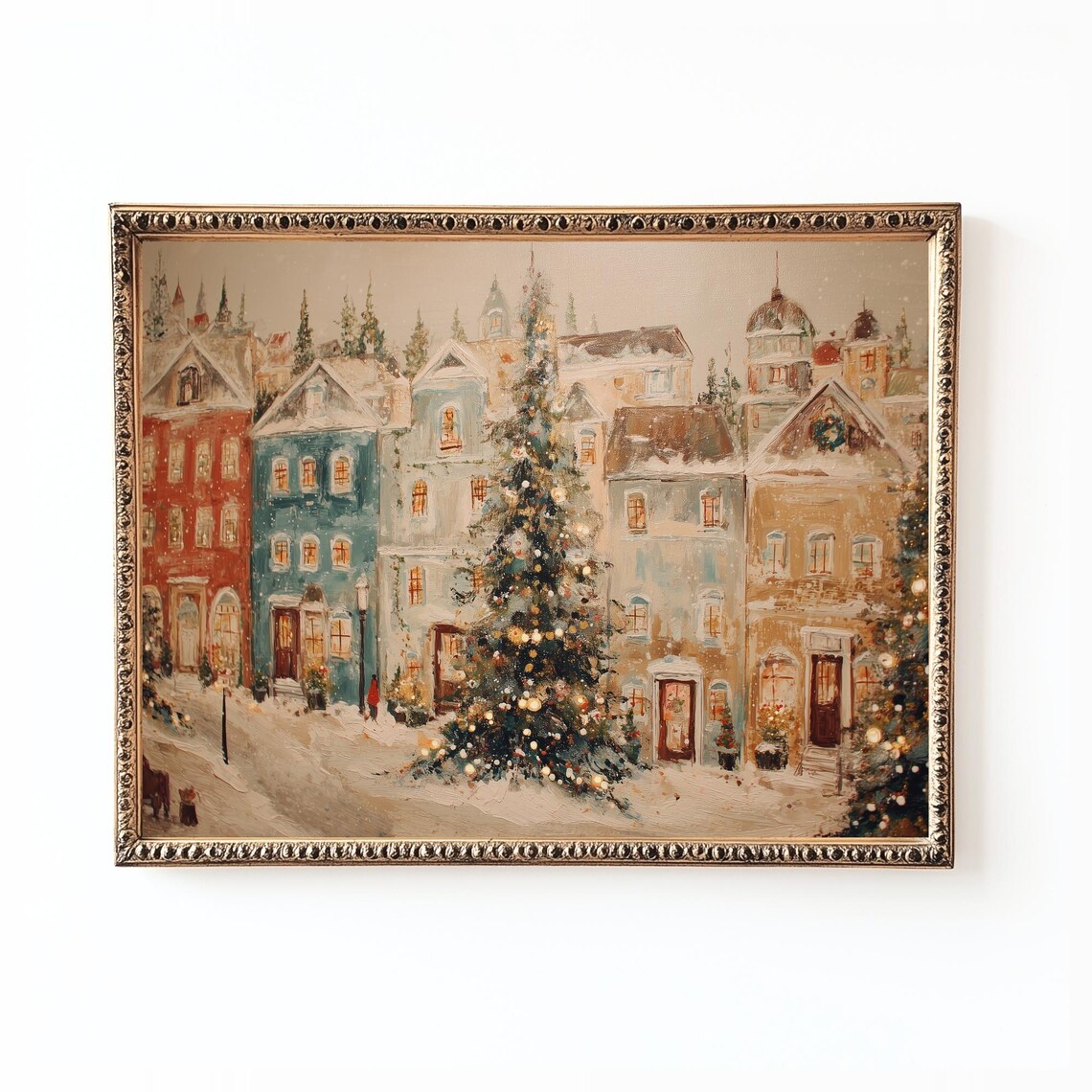 Christmas Town Vintage Holiday Street Scene, Art Print