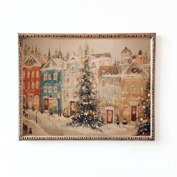 Christmas Town Vintage Holiday Street Scene, Art Print