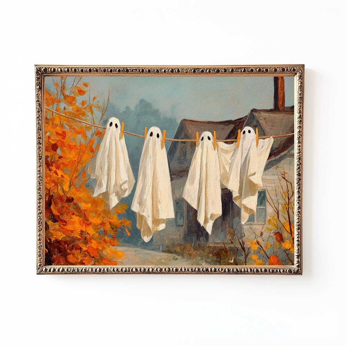 Vintage Halloween Print Ghosts On Laundry Line Antique Autumn Landscape