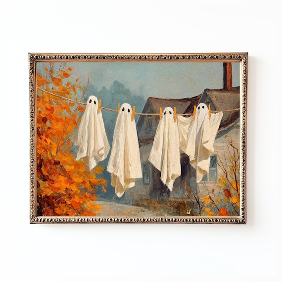 Vintage Halloween Print Ghosts On Laundry Line Antique Autumn Landscape