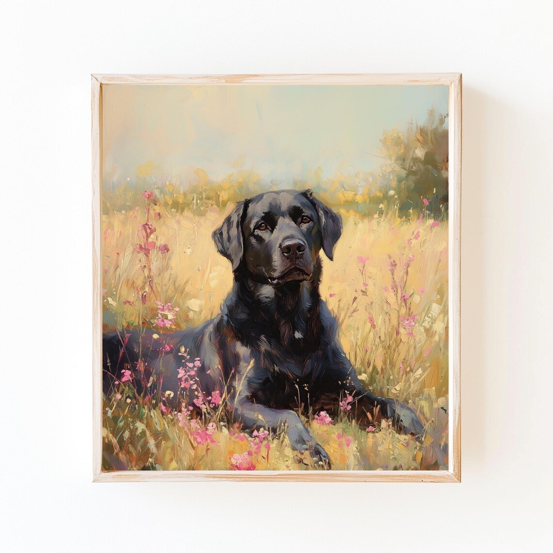 Black Labrador Among Golden Wildflowers Sunny Pastoral Portrait Poster