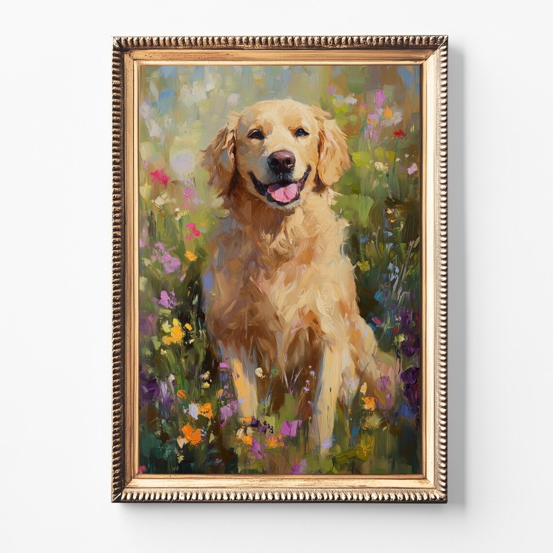 Golden Retriever Smiling In Wildflower Field Oil Painting Dog Poster
