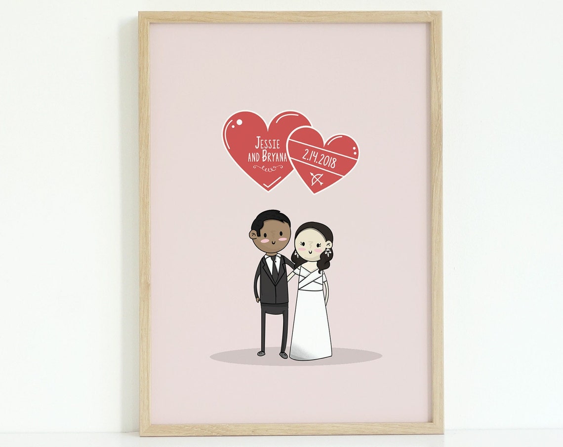 Custom Cartoon Wedding Couple Portrait with Hearts Date Poster