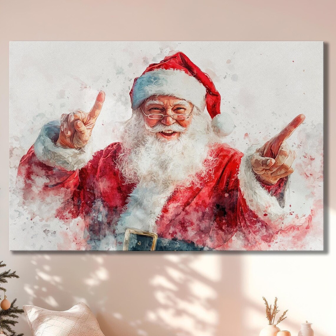 Joyful Santa Claus Pointing At You Watercolor Christmas Art Poster