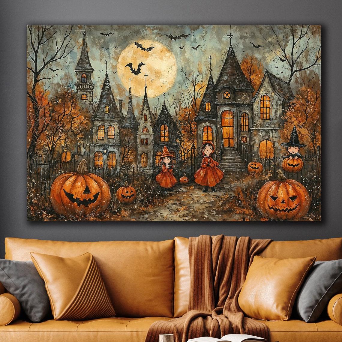 Spooky Haunted Mansion Halloween Full Moon Night Pumpkins Print