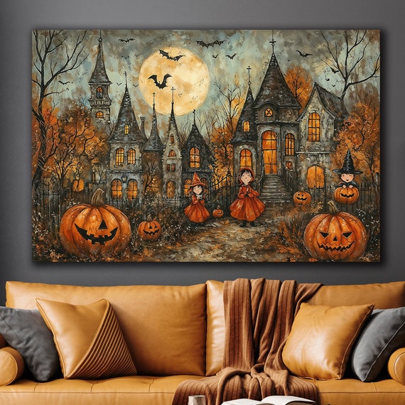 Medieval Town Canvas Wall Art Autumn Halloween Decor Hildren And Jack O Lantern Painting Print Spooky Full Moon Poster Gift Ready To Hang