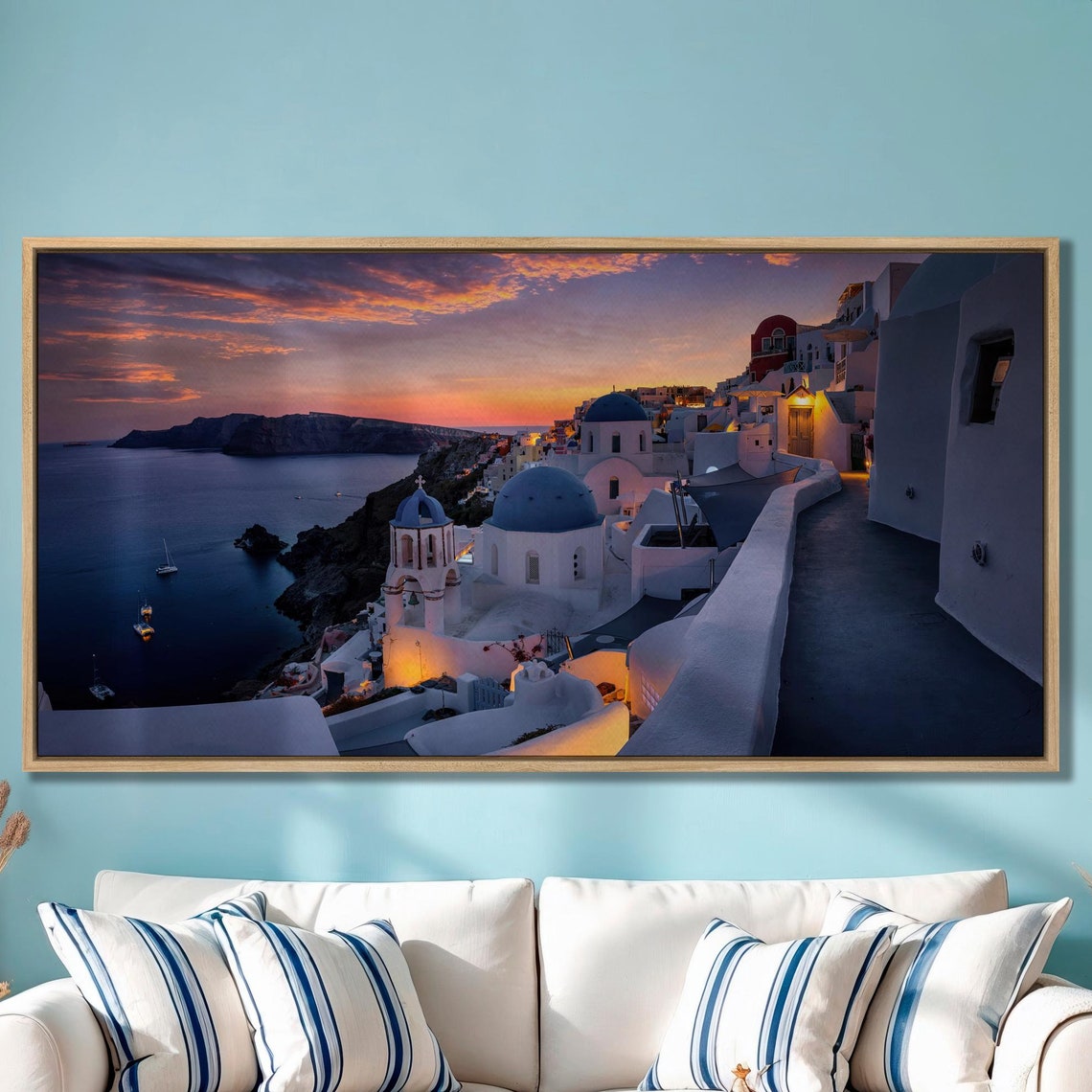 Santorini Sunset Blue Domes Whitewashed Village Greece Wall Art