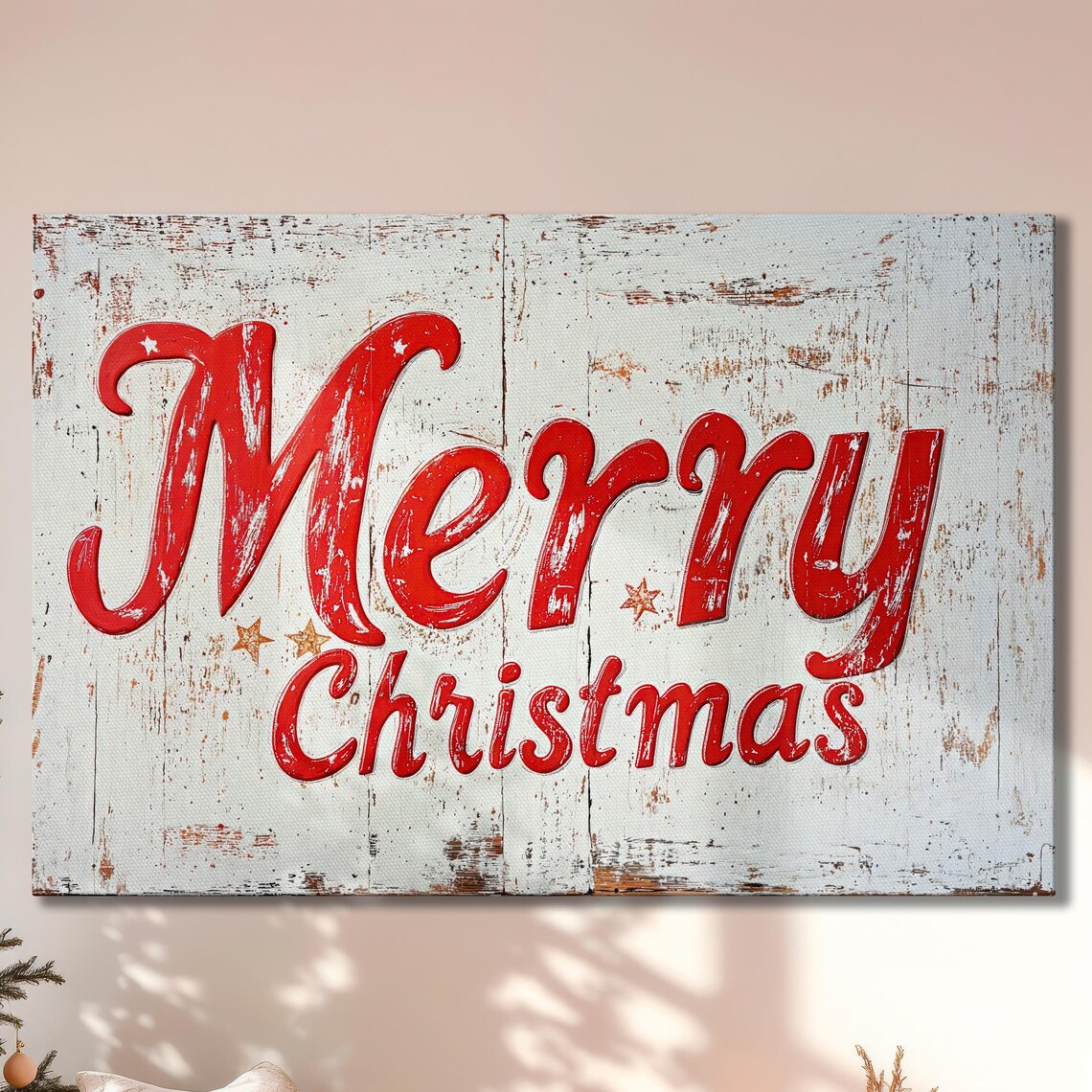 Merry Christmas Red Script On Distressed White Wood Typography Poster