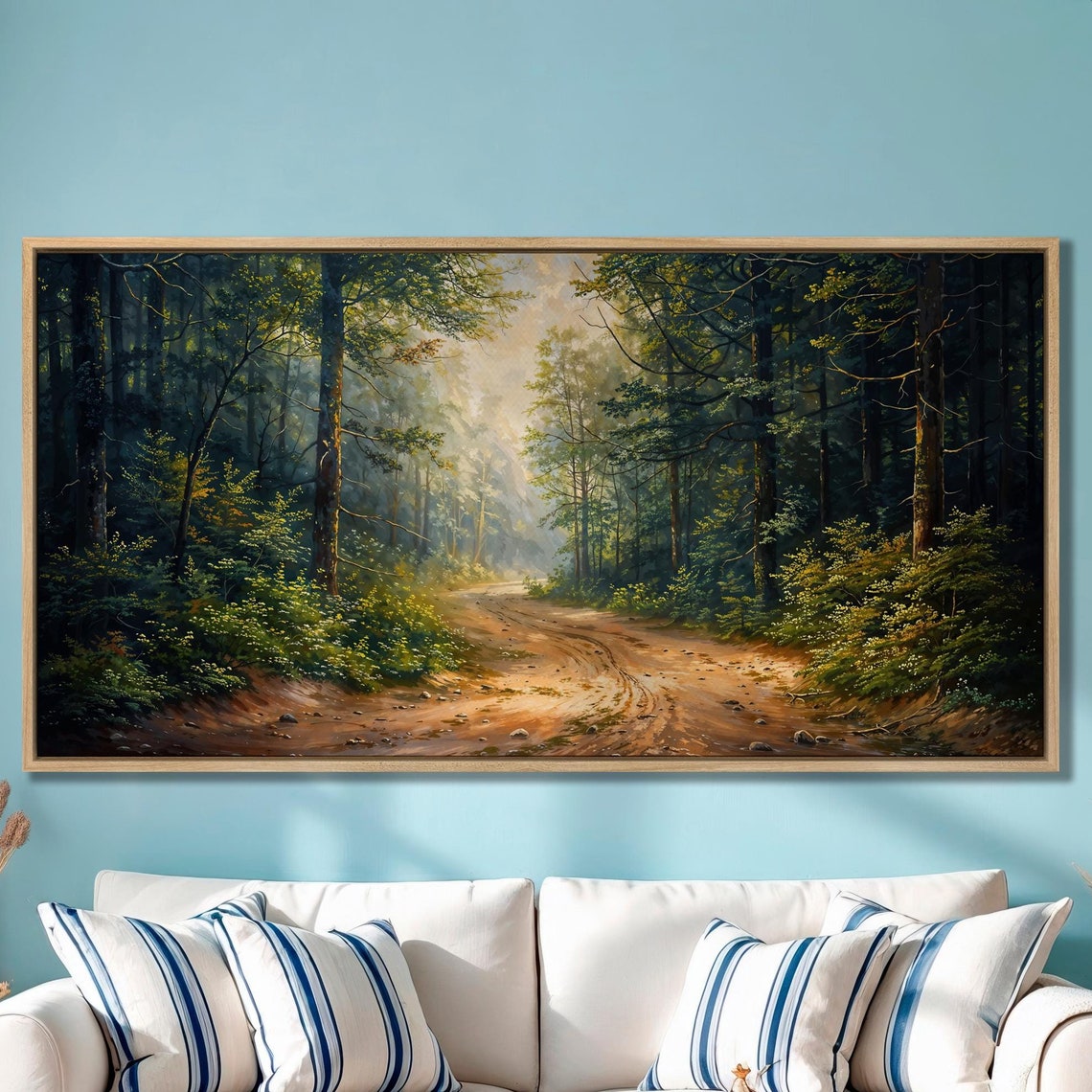 Sunlit Forest Path With Dirt Road Morning Mist Painting Poster
