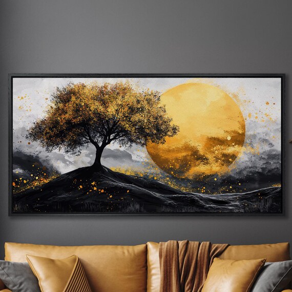 Golden Tree And Sun Wall Art Abstract Landscape Painting Print Large Modern Wall Decor Nature Inspired Art Poster Ready To Hang