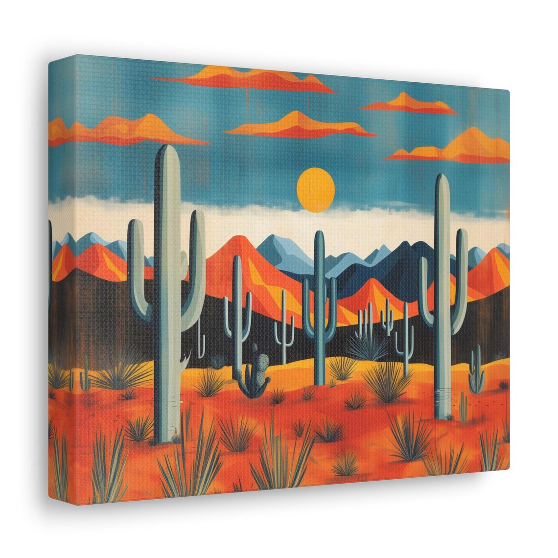 Vibrant Desert Scene Saguaros Mountains And Golden Sun Wall Art - Image 2