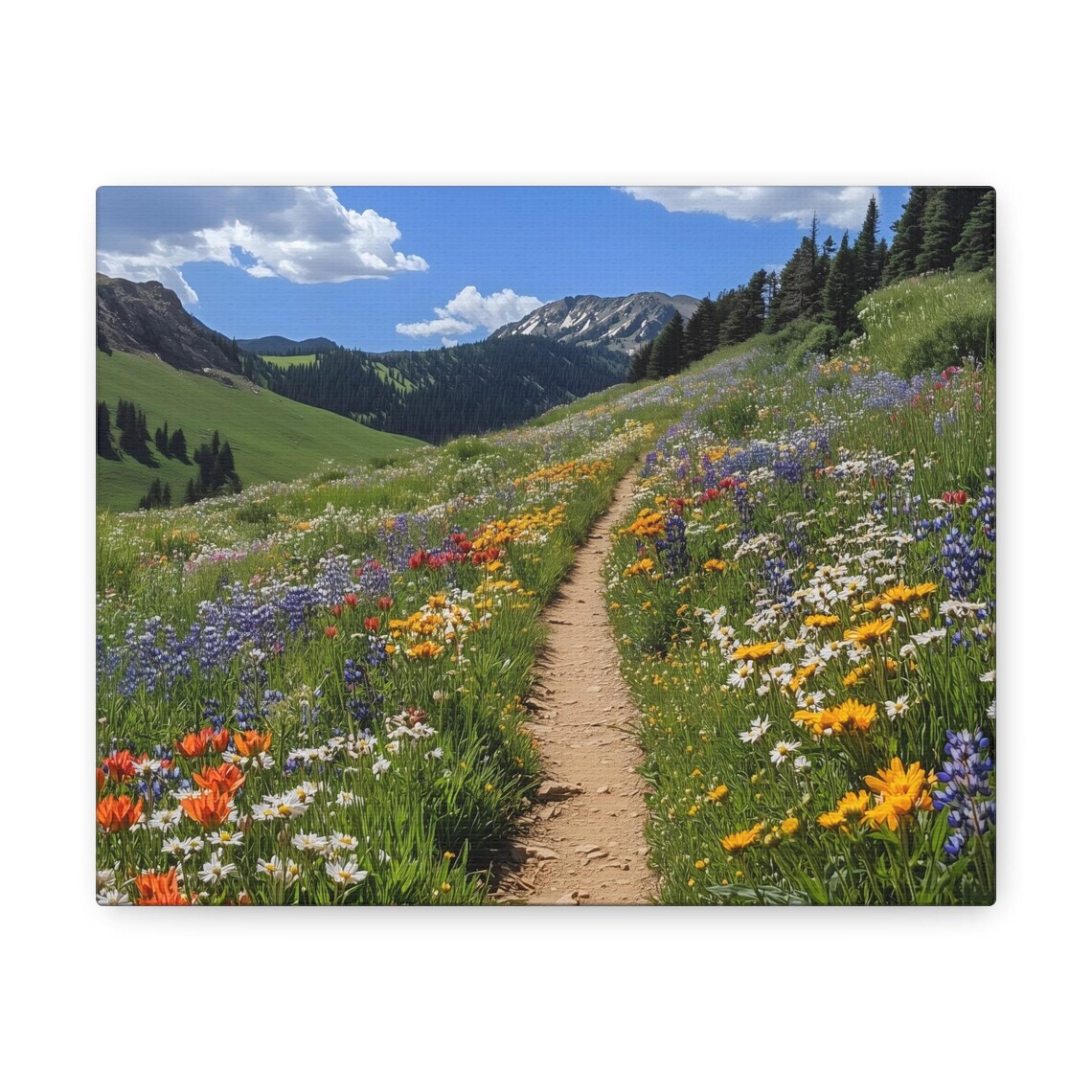 Bright Summer Alpine Wildflower Path Rocky Peak Valley View Print - Image 3