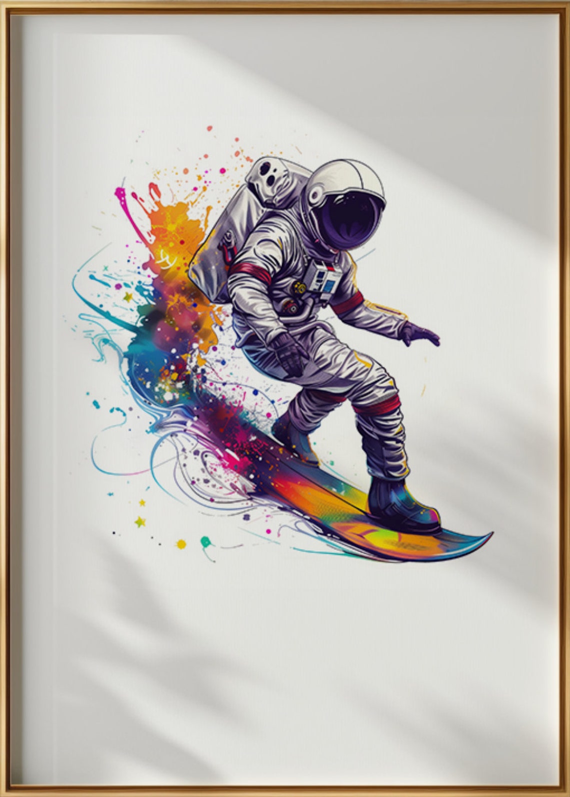 Astronaut Surfing Rainbow Wave Watercolor Space Suit Ocean Art Poster - Image 3
