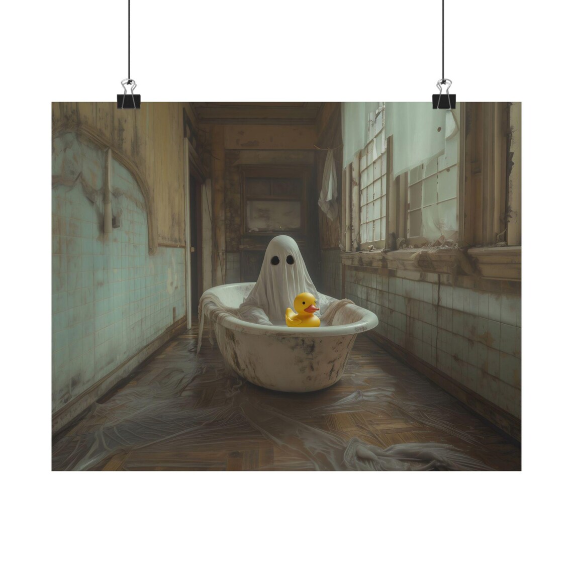 Cute Ghost Bathtub Rubber Ducky Abandoned Bathroom Halloween Poster