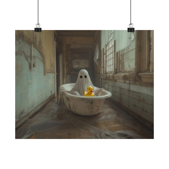 Cute Ghost Bathtub Rubber Ducky Abandoned Bathroom Halloween Poster