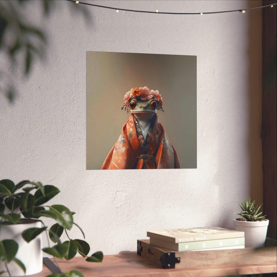 Maximalist Eclectic Fashionista Frog Poster Print Bold Altered Animal Portrait Fantasy Fun Colorful Flowery Vintage Floral Art