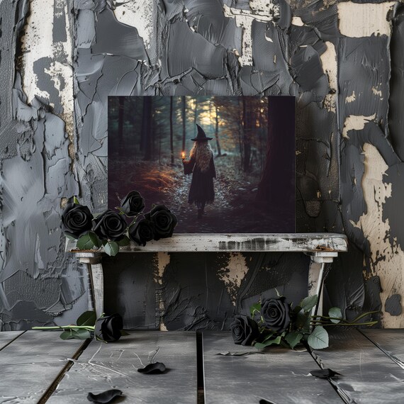 Witch with a Candle Walking into a Dark Autumn Forest Gothic Halloween Poster