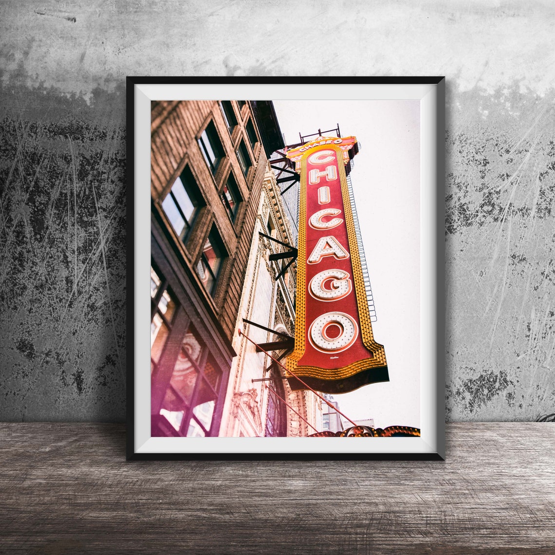 Chicago Theatre Vertical Red Marquee Neon Sign Downtown Art Poster