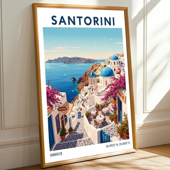 Santorini Aegean Sea Art Print Blue White Pink And Brown Travel Illustration Mediterranean For Living Room Bedroom Office Decor