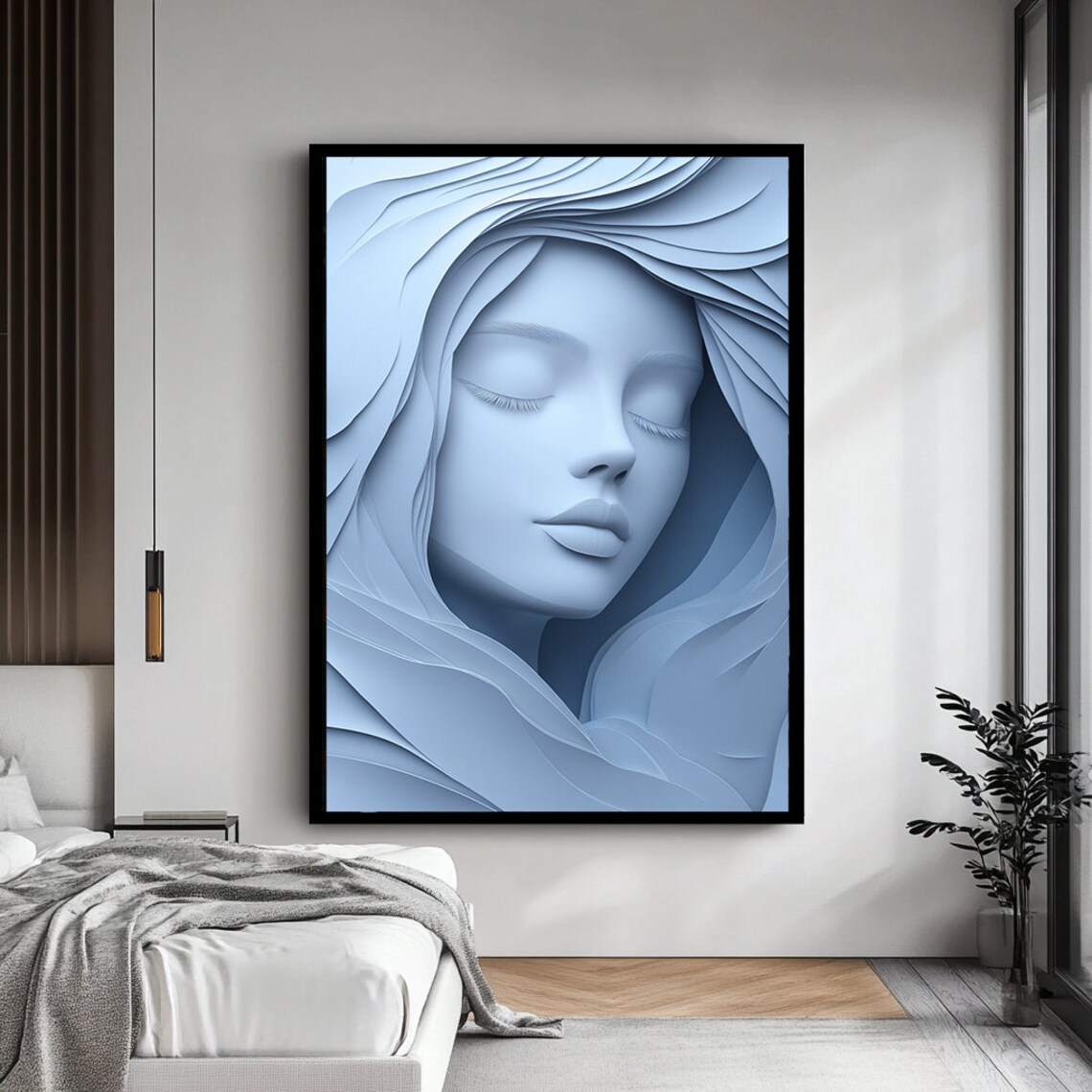 Blue And White Woman Silhouette Minimalist Art Print - Image 4