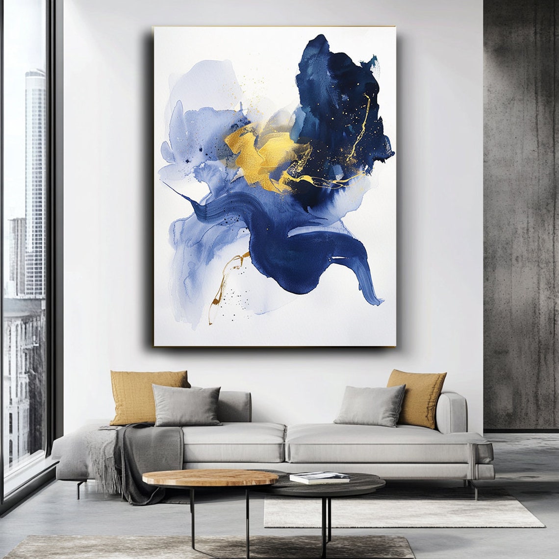 Bold Navy Gold Watercolor Sweep Abstract Expressionist Art Poster - Image 3
