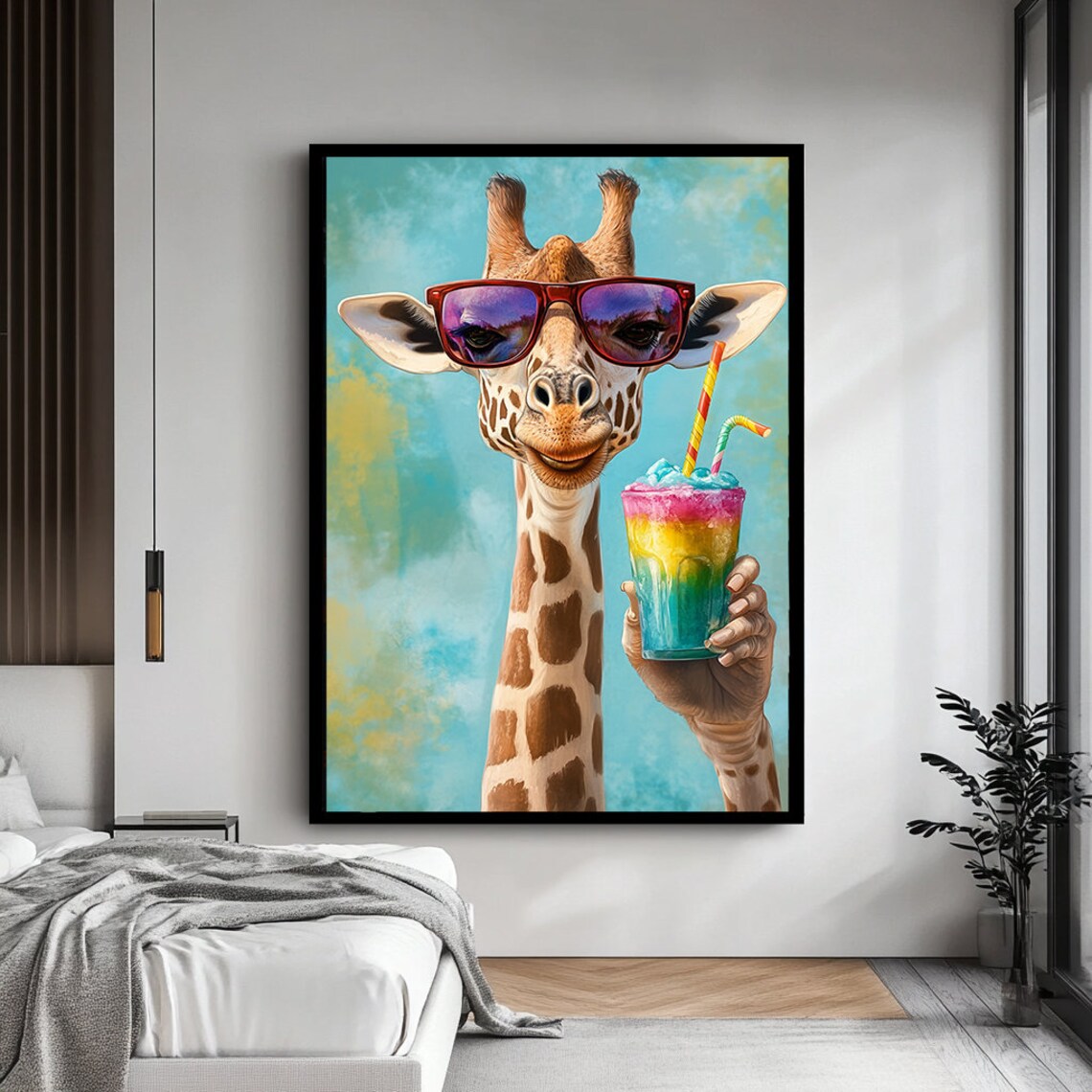 Giraffe Wearing Sunglasses Holding Rainbow Cocktail Fun Whimsical Poster