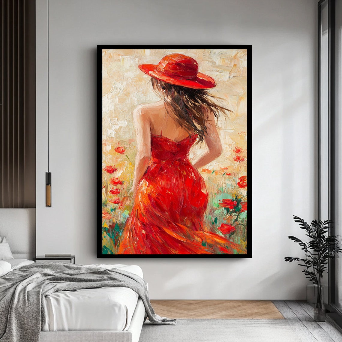 Stylish Art Print Elegant Lady In Red Dress And Hat Vintage Glamour Wall Art Fashion Portrait Print High Fashion Print - Image 3