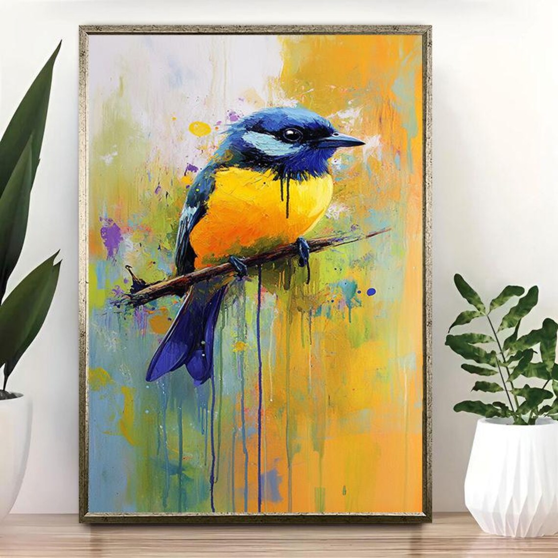 Blue and Yellow Bird on Branch Colorful Abstract Drip Paint Art Poster - Image 3