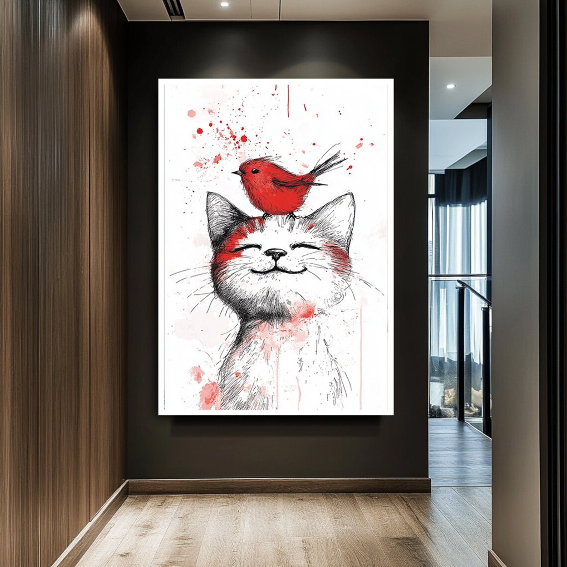 Smiling Cat Red Bird On Head Watercolor Sketch Cute Animal Art Wall Poster - Image 2