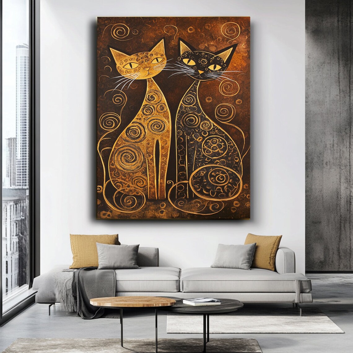 Two Stylized Gold And Black Cats With Spiral Patterns Decorative Poster - Image 3