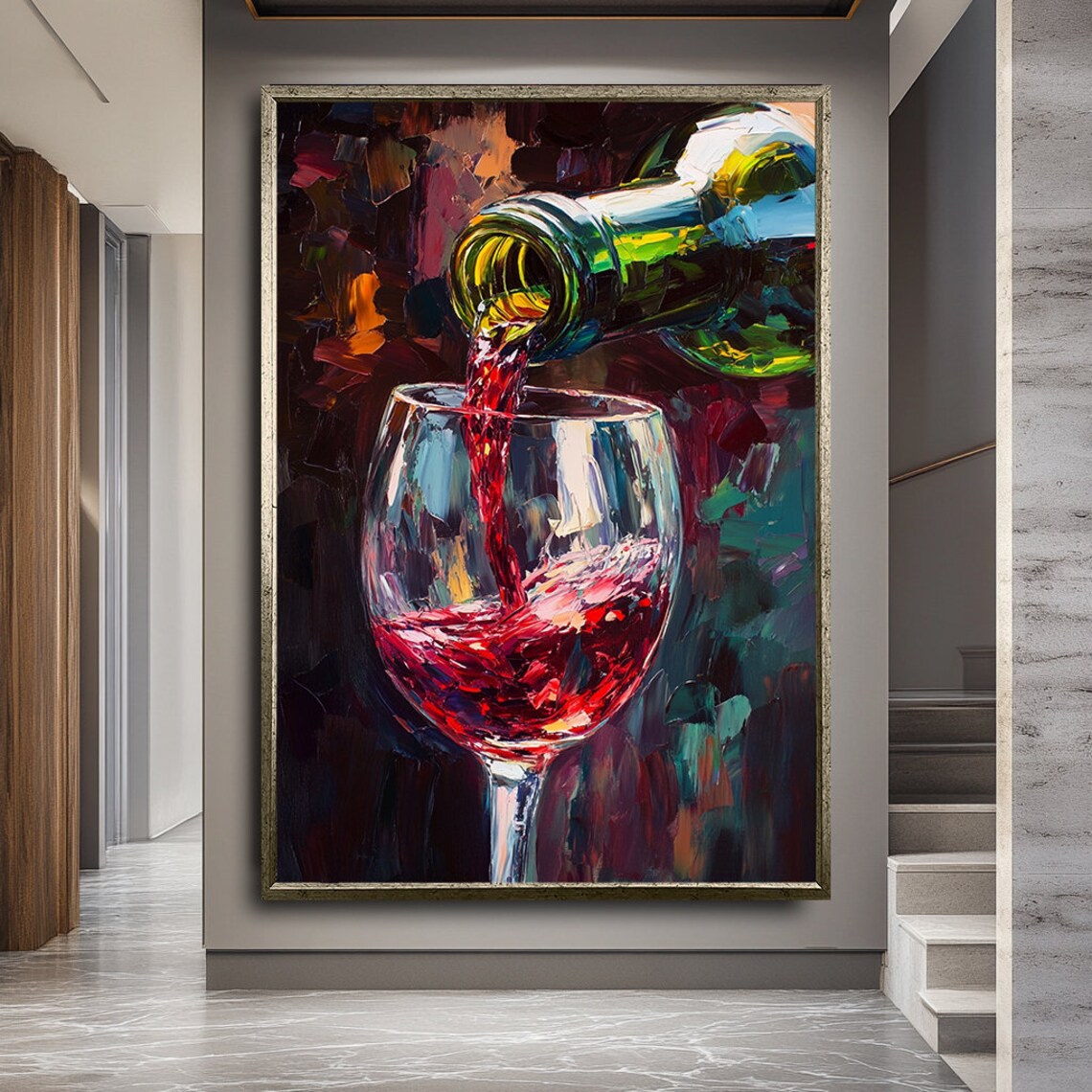 Red Wine Pouring Green Bottle Glass Impasto Oil Painting Kitchen Wall Poster - Image 2